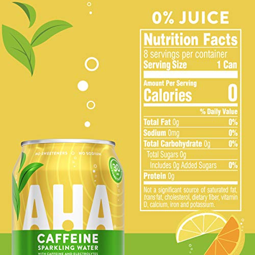 AHA Sparkling Water, Citrus + Green Tea Flavored Water, with Caffeine & Electrolytes, Zero Calories, Sodium Free, No Sweeteners, 12 fl oz, 8 Pack