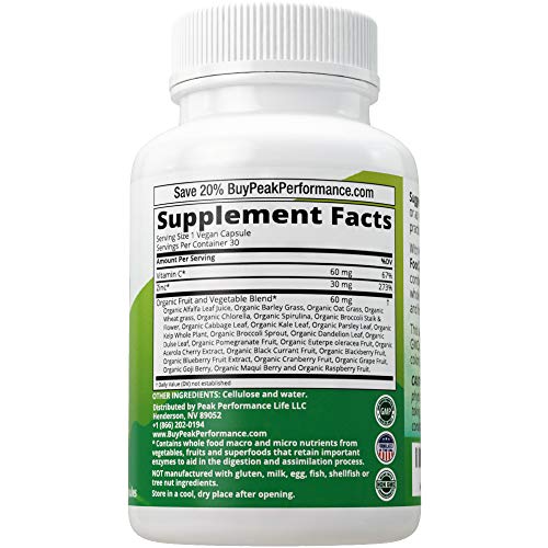 Raw Whole Food Best Vegan Zinc Supplement with Vitamin C. Zinc Supplements by Peak Performance. High Potency Pure Zinc 30mg Capsules, Pills, Tablets, Vitamins for Adults Both Men and Women