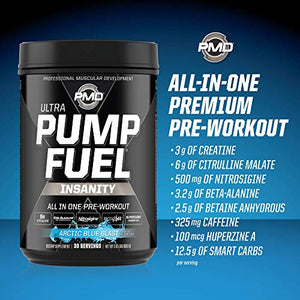 PMD Sports Ultra Pump Fuel Insanity - Pre Workout Drink Mix for Energy, Strength, Endurance, Muscle Pumps and Recovery - Complex Carbohydrates and Amino Energy - Arctic Blue Blast (30 Servings)