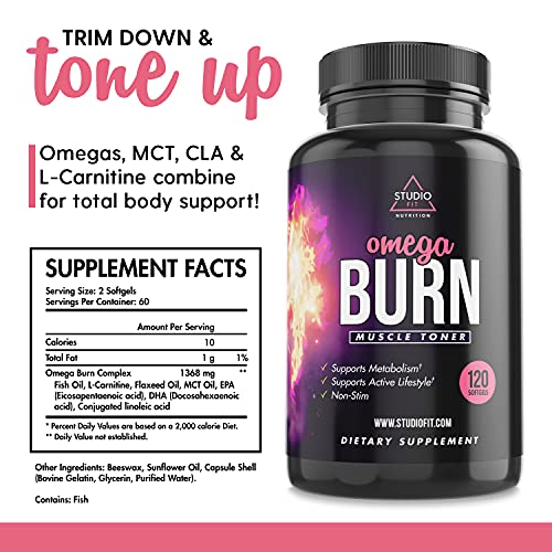 StudioFit Omega Burn Muscle Toner for Women | MCT Oil, L-Carnitine, CLA, Fish Oil & Flaxseed Oil Omegas | Healthy Metabolism, Heart & Joint Function Support | Packaging May Vary | 30 Serv, 60 Softgels