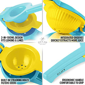 Zulay Metal 2-In-1 Lemon Lime Squeezer - Hand Juicer Lemon Squeezer - Max Extraction Manual Citrus Juicer (Blue Yellow)