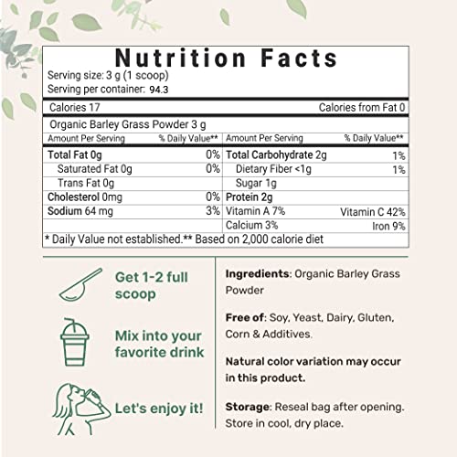 Sustainably US Grown, Organic Barley Grass Powder, 10 Ounce, Rich in Immune Vitamin, Fibers, Minerals, Antioxidants and Protein, Support Immune System and Digestion Function, Vegan Friendly
