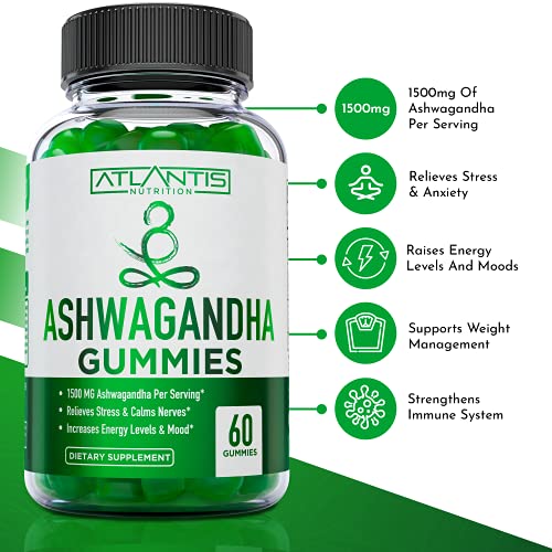 Ashwagandha Gummies - 1500MG Ashwagandha Per Serving - Relieves Stress, Improves Mood, Boosts Energy Levels & Strengthens Immune System - Formulated with Vitamin D & Zinc - Vegan - 60 Gummies