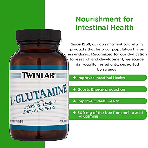 Twinlab L-Glutamine 500 mg - Amino Acid Supplement for Immune Support, Digestive Support, Metabolism Boost, Gut Health and Muscle Recovery, 100 Capsules