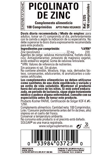 Solgar Zinc Picolinate 22 mg, 100 Tablets - Promotes Healthy Skin - Supports Immune System, Normal Taste & Vision - Antioxidant - Non GMO, Vegan, Gluten Free, Dairy Free, Kosher - 100 Servings