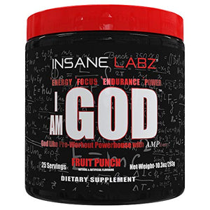 Insane Labz I am God Pre Workout, High Stim Pre Workout Powder Loaded with Creatine and DMAE Bitartrate Fueled by AMPiberry, Energy Focus Endurance Muscle Growth,25 Srvgs, Fruit Punch