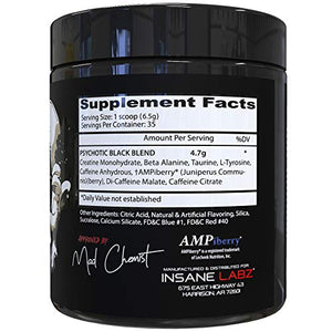 Insane Labz Psychotic Black Edition Mid Stimulant Pre Workout Powder, Energy Focus Pumps, Loaded with Creatine Beta Alanine Taurine Fueled by AMPiberry, 35 Servings Grape