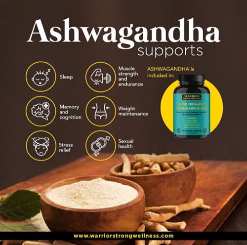 Ashwagandha Pure Organic Root Powder Capsules by Warrior Strong Wellness with Bioperine 1200 mg 120 Caps 3rd Party Tested Grief Cortisol Adrenal Fatigue Support