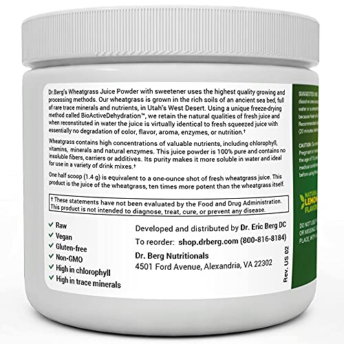 Dr. Berg's Raw Wheatgrass Juice Powder, Lemon Flavor w/ Stevia Sweetener - Green Superfoods Rich in Vitamins Chlorophyll & Trace Minerals - BioActive Dehydration & Ultra-Concentrated Nutrients 1 Pack
