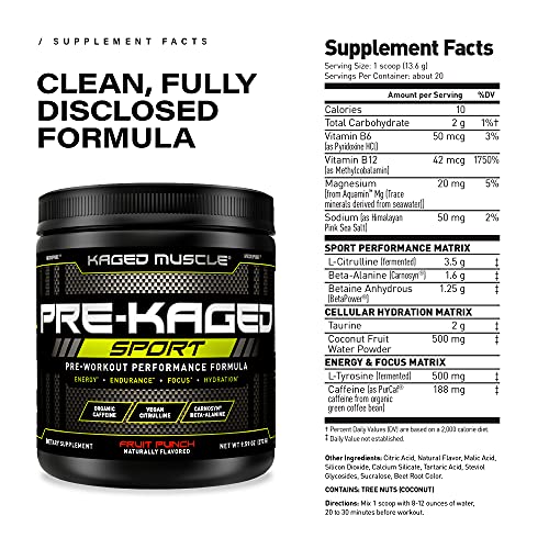 Kaged Muscle Pre Workout Powder Sport for Men and Women, Increase Energy, Focus, Hydration & Endurance, Organic Caffeine, Plant Based Citrulline, Fruit Punch, Black, 9.38 Oz