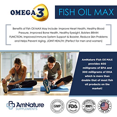 AmNature Supplements Omega 3 Fish Oil 1000mg - Max Strength Heart Health, Brain & Joint Support – Ultra-Purified EPA 400mg, DHA 300mg, Fatty Acids - 120 Softgels