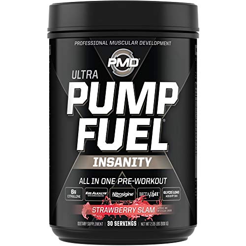 PMD Sports Ultra Pump Fuel Insanity - Pre Workout Drink Mix for Energy, Strength, Endurance, Muscle Pumps and Recovery - Complex Carbohydrates and Amino Energy - Strawberry Slam (30 Servings)