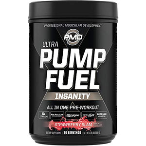 PMD Sports Ultra Pump Fuel Insanity - Pre Workout Drink Mix for Energy, Strength, Endurance, Muscle Pumps and Recovery - Complex Carbohydrates and Amino Energy - Strawberry Slam (30 Servings)