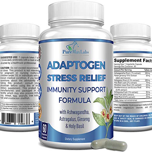 Adaptogen Stress Relief Immune Support Formula, 60 Capsules, Adrenal Support with Ashwagandha, Astragalus, Ginseng, Holy Basil, Rhodiola, Amla, Maca, Schisandra, Eleuthero, Non-GMO