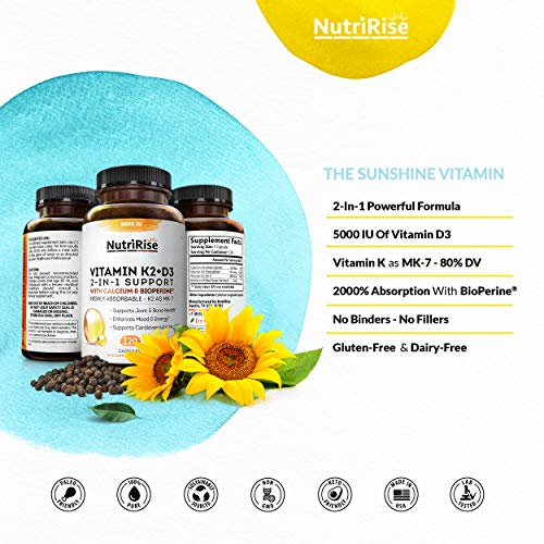 Vitamin K2 + D3 5000 IU Supplement with Calcium & BioPerine. Maximum Absorption. Supports Healthy Heart, Bones & Teeth. Powerful Immune System, Energy & Mood Enhancer. No Fillers, Gluten-Free Capsules