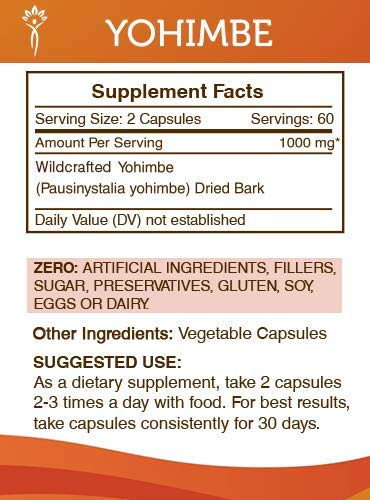 Yohimbe 120 Capsules, 1000 mg, Wildcrafted Yohimbe (Pausinystalia yohimbe) Dried Bark (120 Capsules)