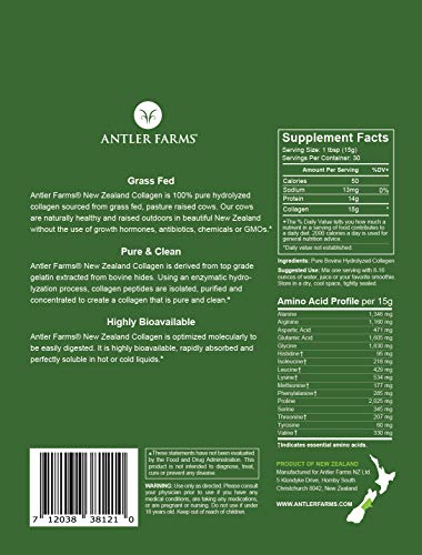 Antler Farms - 100% Pure New Zealand Collagen Powder from Grass Fed Cows, Unflavored, 1 lb - Hydrolyzed Cold Water Soluble Peptides, Keto Friendly, Bioavailable, Quick Dissolving