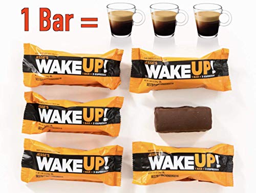 WAKE UP (1 Bar = 3 ESPRESSOS): Vegan, Gluten Free Energy Bar, 250mg Caffeine (Plant-Based), 110 Calories, Kosher Ingredients, Non GMO, Low Sugar, Dairy Free, Egg Free, Soy Free, Dark Chocolate Flavor Rice Crisp Bar to Boost Brain Focus, Clarity, Hours of