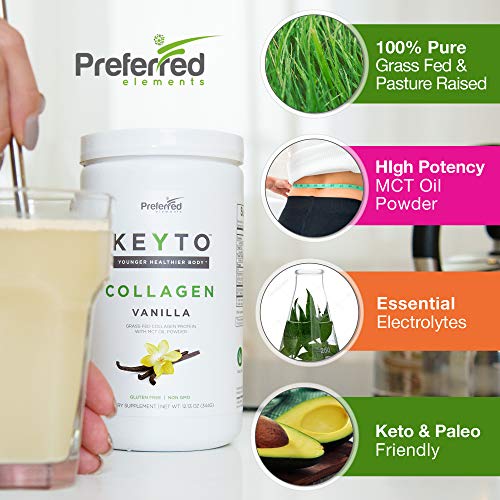 Keto Collagen Protein Powder with MCT Oil – Keto and Paleo Friendly Grass Fed and Pasture Raised Hydrolyzed Collagen Peptides – Fits Low Carb Diet and Keto Snacks – Keyto Vanilla Flavor