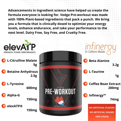 Vedge Nutrition Patriot Pop Pre- Workout | Vegan Pre-Workout | Dairy Free, Soy Free, Non-GMO | Long Lasting Energy, No Crash | Caffeine, Citrulline Malate, Nitric Oxide Booster | 40 Servings