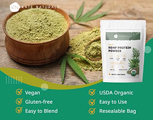 Organic Hemp Protein Powder 12oz by Kate Naturals. Delicious Gluten-Free, Vegan & Dairy-Free Non-GMO Hemp-Based Protein Powder in Resealable Bag.