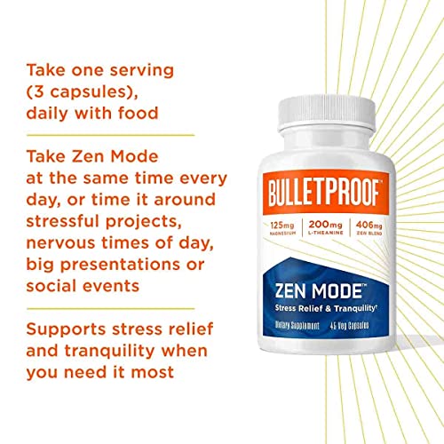 Zen Mode, 45 Capsules, with Vitamin B6, Magnesium, L-Theanine, 5-HTP, GABA, Holy Basil & Ashwagandha, Bulletproof Supplement for Stress & Anxiety Support, Boosts Serotonin for Calm Mood & Relaxation