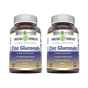 Amazing Formulas Zinc Gluconate - 50 mg Tablets (Non-GMO, Gluten Free) - Supports Immune System - Supports Enzymes Function - Promotes Healthy Skin (250 Count (Pack of 2))