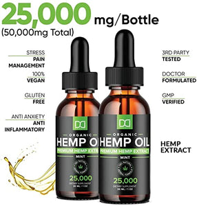 (25,000MG) Hemp Oil Maximum Strength for Pain Relief Anxiety Stress Sleep Aid Inflammation Vaginal Dryness CBS CDB CBC Oil Massage Skin Care Focus Organic Hemp Seed Extract Tincture Hair Omega 3 6 9