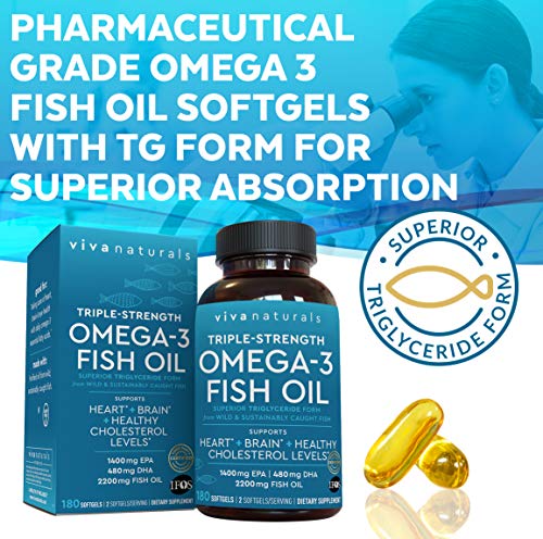 Viva Naturals Triple-Strength Omega 3 Fish Oil with EPA and DHA Supplements 2,200mg, 180 Softgels (3 Month Supply)