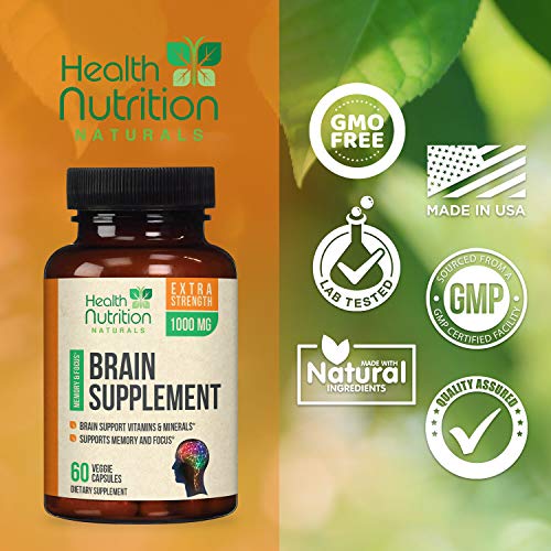 Brain Support Supplement Extra Strength Nootropics 1000mg - Made in USA - Natural Support for Memory, Focus, Concentration, and Clarity with Bacopa Monnieri for Men and Women - 60 Capsules