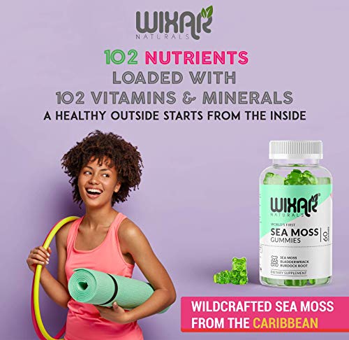 Wixar Naturals Sea Moss Gummies - Natural Irish Sea Moss and Bladderwrack with Burdock Gummy - 60 Gummies - Vegan - Thyroid, Healthy Skin, Keto Detox, Gut, Joint Support Alkaline Supplements