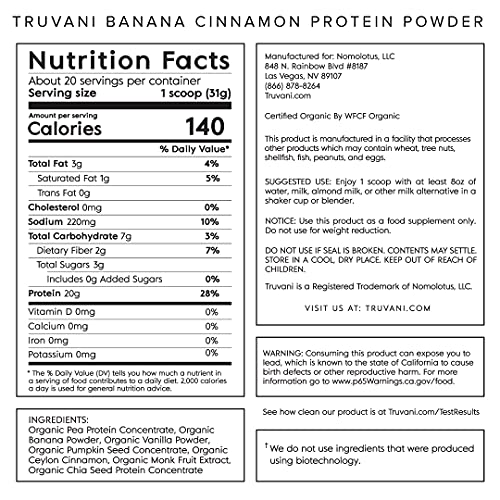 TRUVANI - Plant Based Protein Powder - USDA Certified Organic Protein Powder, Vegan, Non-GMO, Gluten Free Protein Powder - Banana Cinnamon (20 Servings(1 Pack))