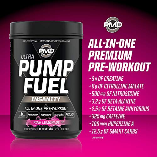 PMD Sports Ultra Pump Fuel Insanity - Pre Workout Drink Mix for Energy, Strength, Endurance, Muscle Pumps and Recovery - Complex Carbohydrates and Amino Energy - Electric Pink Lemonade (30 Servings)