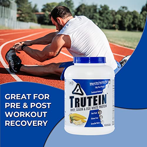 Body Nutrition Protein Powder - Trutein Banana Cream 4lb Whey, Casein & Egg White - Natural Low Carb Keto Friendly Drink - Zero Sugar - Lean Muscle Builder, Weight Loss, Workout, Recovery