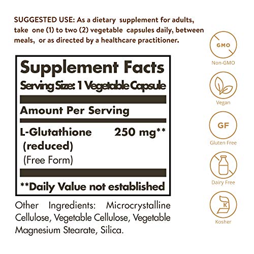Solgar Reduced L-Glutathione 250 mg, 30 Vegetable Capsules - Antioxidant Support - Free Form Amino Acids - Non-GMO, Vegan, Gluten Free, Dairy Free, Kosher - 30 Servings