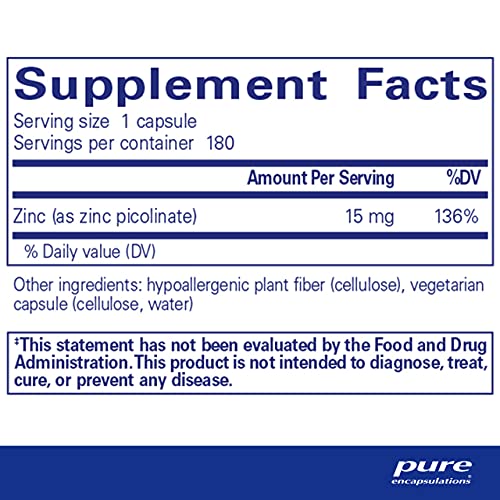 Pure Encapsulations Zinc 15 mg | Zinc Picolinate Supplement for Immune System Support, Growth and Development, Wound Healing, Prostate, and Reproductive Health* | 180 Capsules