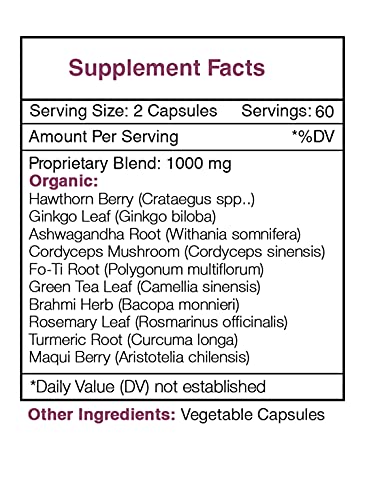 Youth Secret 120 Capsules, 1000 mg, Hawthorn, Ginkgo, Ashwagandha, Cordyceps, Fo-Ti Root, Green Tea, Brahmi, Rosemary, Turmeric, Maqui Berry. Overall Health/Wellness (120 Capsules)