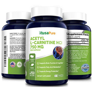 Acetyl L-Carnitine 750mg Per Caps 150 Veggie Capsules (Non-GMO & Gluten Free) High Potency Acetyl L Carnitine HCL (ALCAR) Supplement Pills