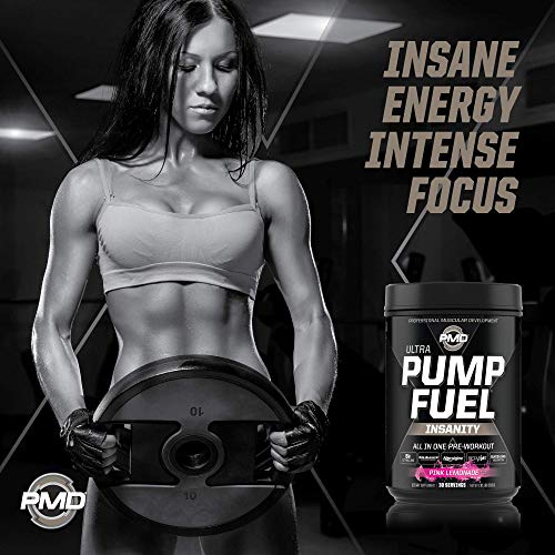 PMD Sports Ultra Pump Fuel Insanity - Pre Workout Drink Mix for Energy, Strength, Endurance, Muscle Pumps and Recovery - Complex Carbohydrates and Amino Energy - Electric Pink Lemonade (30 Servings)