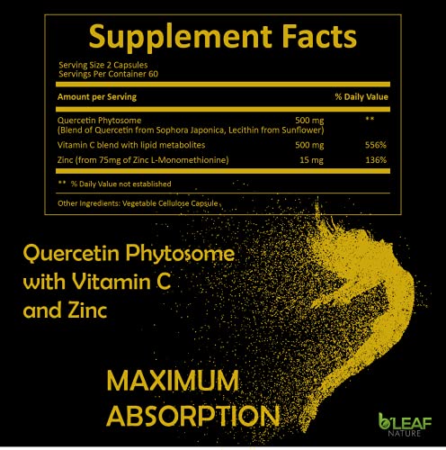 Quercetin Phytosome Vitamin C and Zinc Capsules - Super Absorption – Immune Support Complex – Respiratory and Cardiovascular Health - 1000mg per Serving - 120 Vegetarian caps by B’Leaf Nature