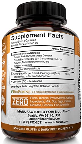 Turmeric Curcumin with Ginger & BioPerine Black Pepper Supplement :: Anti-Inflammatory, Antioxidant, Anti Aging :: 100% Natural, Non-GMO, Vegan Best Maximum Potency, No Side Effects (180 Capsules)