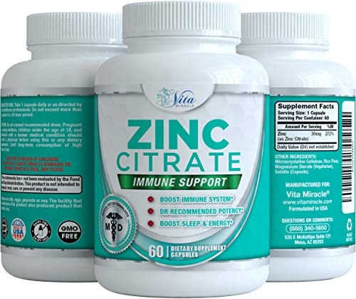 Vita Miracle Zinc Citrate 30mg - Boost Immune System Adults Kids Safe Immune Supplement Support Vitamin Alternative to Lozenge Liquid and Chewable Tablets