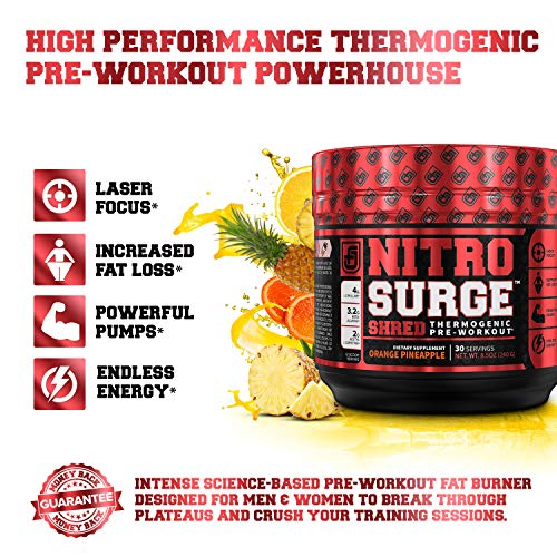 NITROSURGE Shred Pre Workout Supplement - Energy Booster, Instant Strength Gains, Sharp Focus, Powerful Pumps - Nitric Oxide Booster & PreWorkout Powder - 30Sv, Orange Pineapple