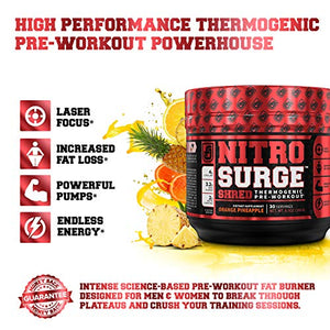 NITROSURGE Shred Pre Workout Supplement - Energy Booster, Instant Strength Gains, Sharp Focus, Powerful Pumps - Nitric Oxide Booster & PreWorkout Powder - 30Sv, Orange Pineapple