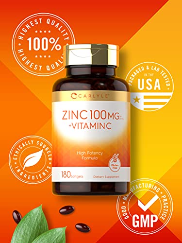 Zinc 100mg with Vitamin C | 180 Softgels | Non-GMO, Gluten Free Supplement | by Carlyle