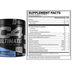 C4 Ultimate Pre Workout Powder ICY Blue Razz - Sugar Free Preworkout Energy Supplement for Men & Women - 300mg Caffeine + 3.2g Beta Alanine + 2 Patented Creatines - 20 Servings