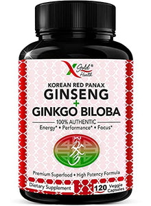 Authentic Korean Red Panax Ginseng 1200mg + Ginkgo Biloba - 120 Vegan Capsules - High Ginsenosides Extra Strength Root Extract Powder Supplement for Energy, Performance & Focus Pills for Men & Women