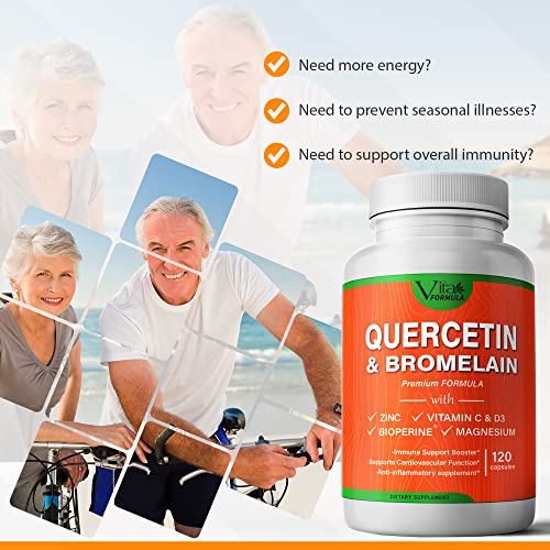 VITA FORMULA Quercetin with Bromelain Supplement, 500mg Vitamin C, Zinc, D3, Magnesium, BioPerine, Extra Strength Immune Support Joint and Respiratory Health Capsules, 120-Ct.