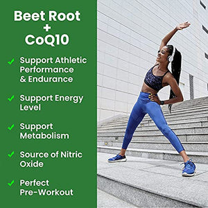 Beet Root Capsules 1350 mg Organic Beet Root Powder with CoQ10 Nitric Oxide Booster, High Blood Pressure Supplement, Helps Blood Flow, Heart Health, Performance, Stamina and Energy 60 Ct (Pack of 1)