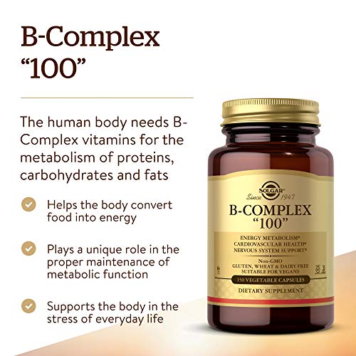 Solgar B-Complex"100", 150 Vegetable Capsules - Heart Health - Nervous System Support - Supports Energy Metabolism  - Non GMO, Vegan, Gluten Free, Dairy Free, Kosher, Halal - 150 Servings